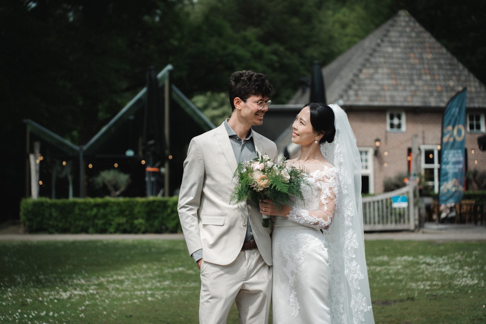 Wedding couple outside their venue